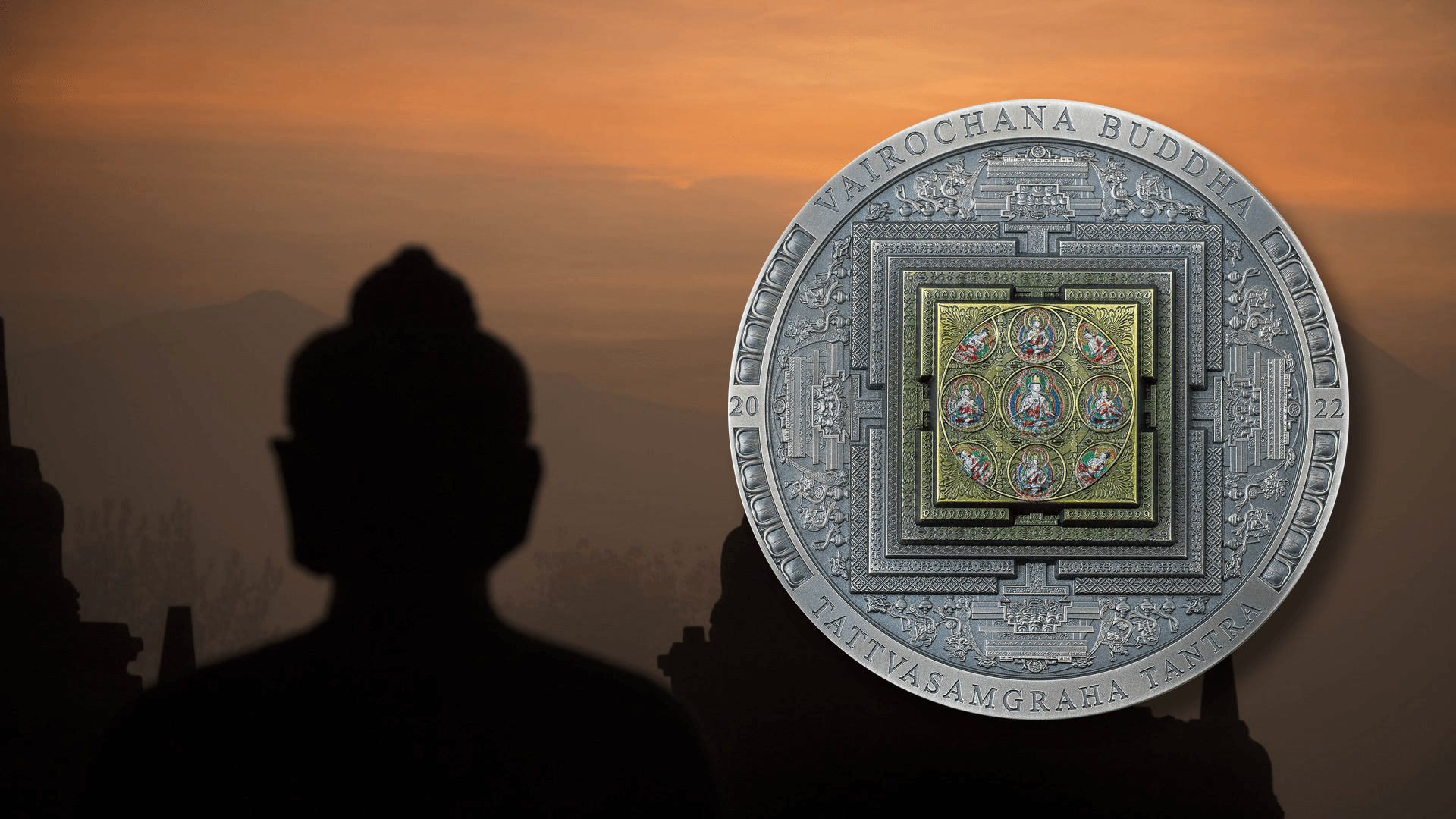 VAIROCHANA BUDDHA MANDALA Archeology Symbolism Colored 3 Oz Silver Coin 2000 Togrog Mongolia 2022 - PARTHAVA COIN