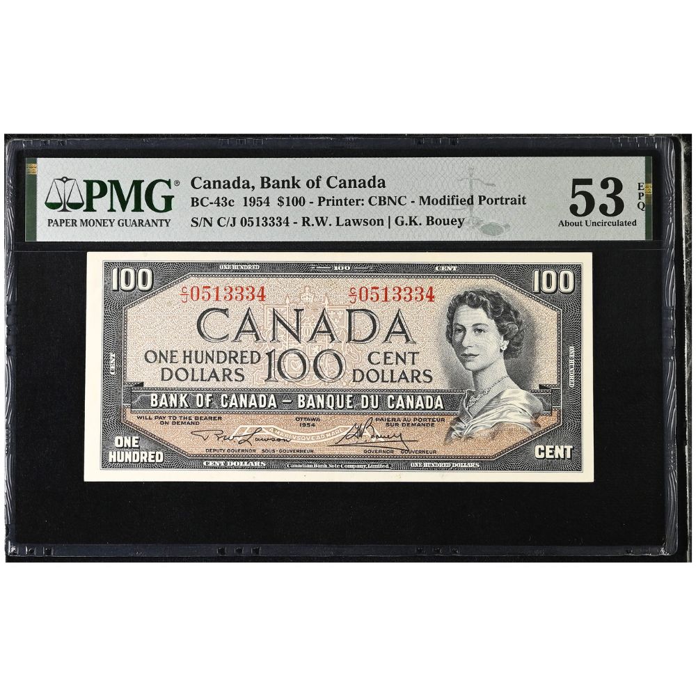 $100 1954 Modified Series BC-43c Lawson-Bouey Prefix C/J PMG AU-53 EPQ reverse