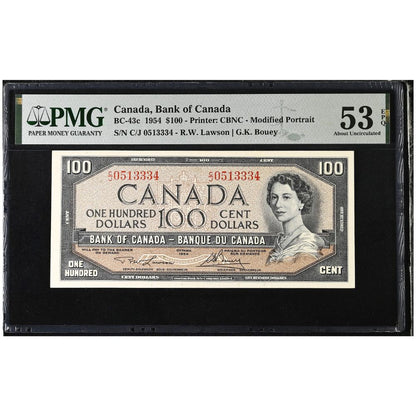 $100 1954 Modified Series BC-43c Lawson-Bouey Prefix C/J PMG AU-53 EPQ reverse