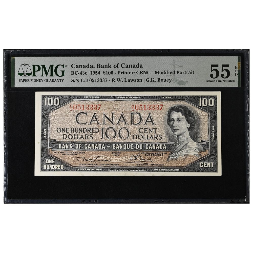 $100 1954 Modified Series BC-43c Lawson-Bouey Prefix C/J PMG AU-55 EPQ reverse