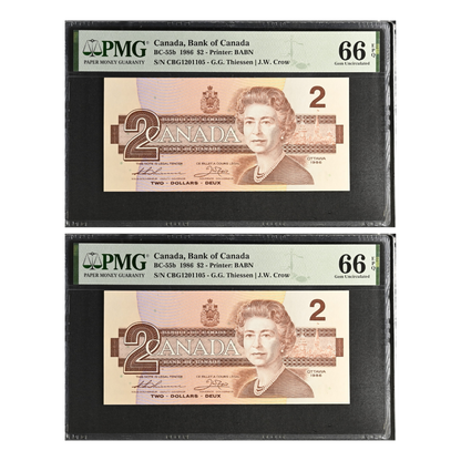Canada 2 Dollars 1986 Pick BC-55b Gem UNC 66 EPQ Consecutive Pair