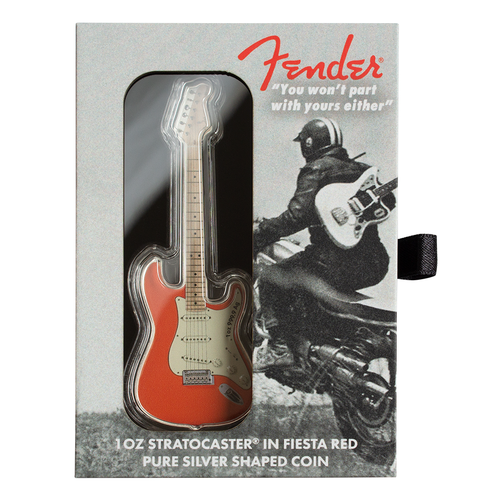 FENDER STRATOCASTER FIESTA RED Guitar 1 Oz Silver Coin $2 Solomon Islands 2022 - PARTHAVA COIN