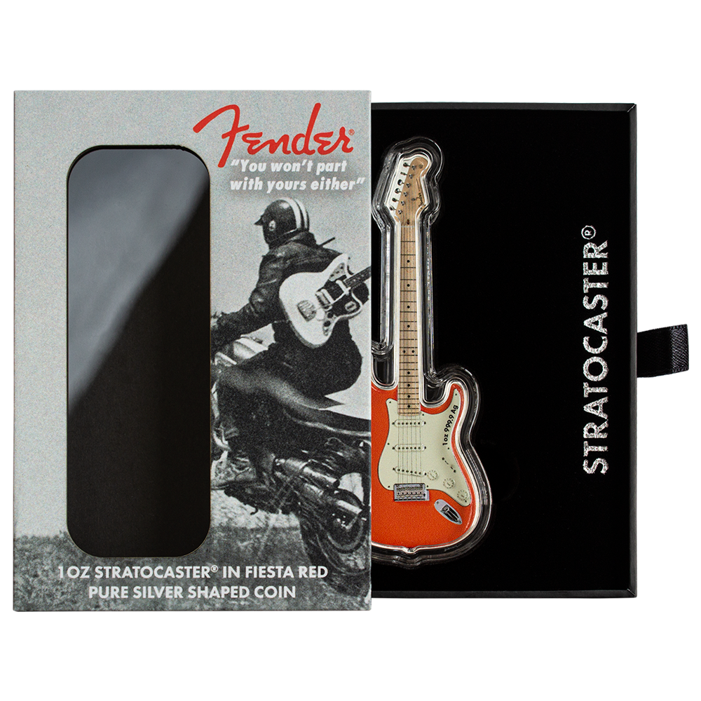 FENDER STRATOCASTER FIESTA RED Guitar 1 Oz Silver Coin $2 Solomon Islands 2022 - PARTHAVA COIN