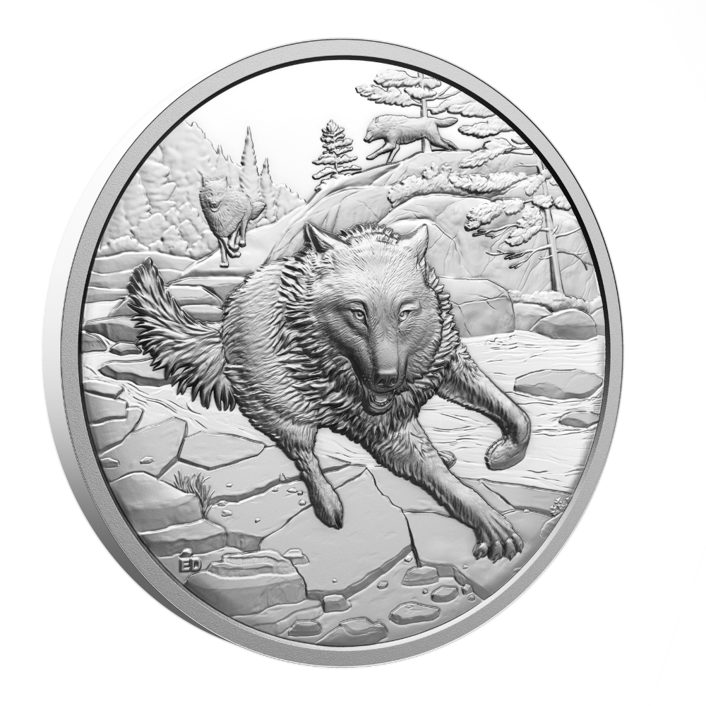 Great Hunters Grey Wolf 1 Oz Fine Silver Ultra High Relief Coin Canada 2025