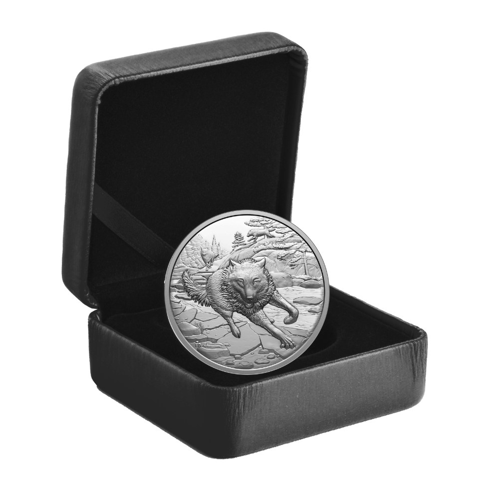 Great Hunters Grey Wolf 1 Oz Fine Silver Ultra High Relief Coin Canada 2025 box Royal Canadian Mint