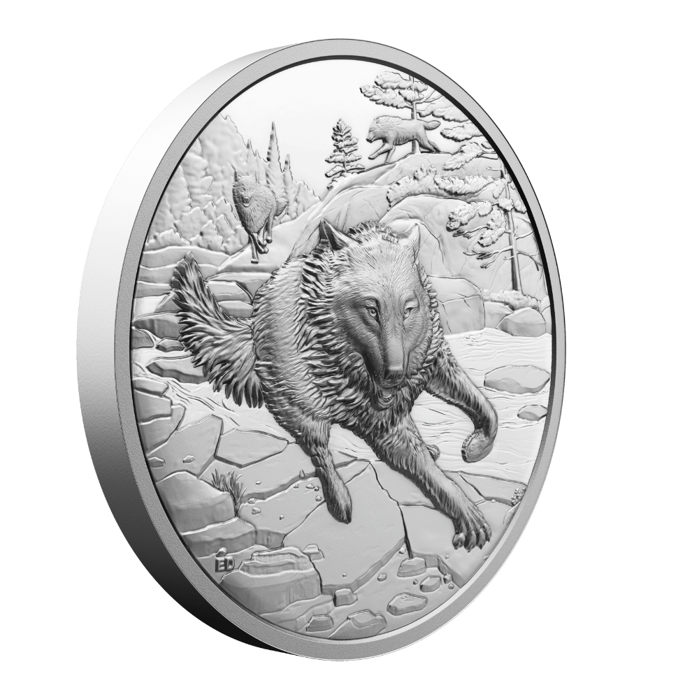 Great Hunters Grey Wolf 1 Oz Fine Silver Ultra High Relief Coin Canada 2025 side Royal Canadian Mint