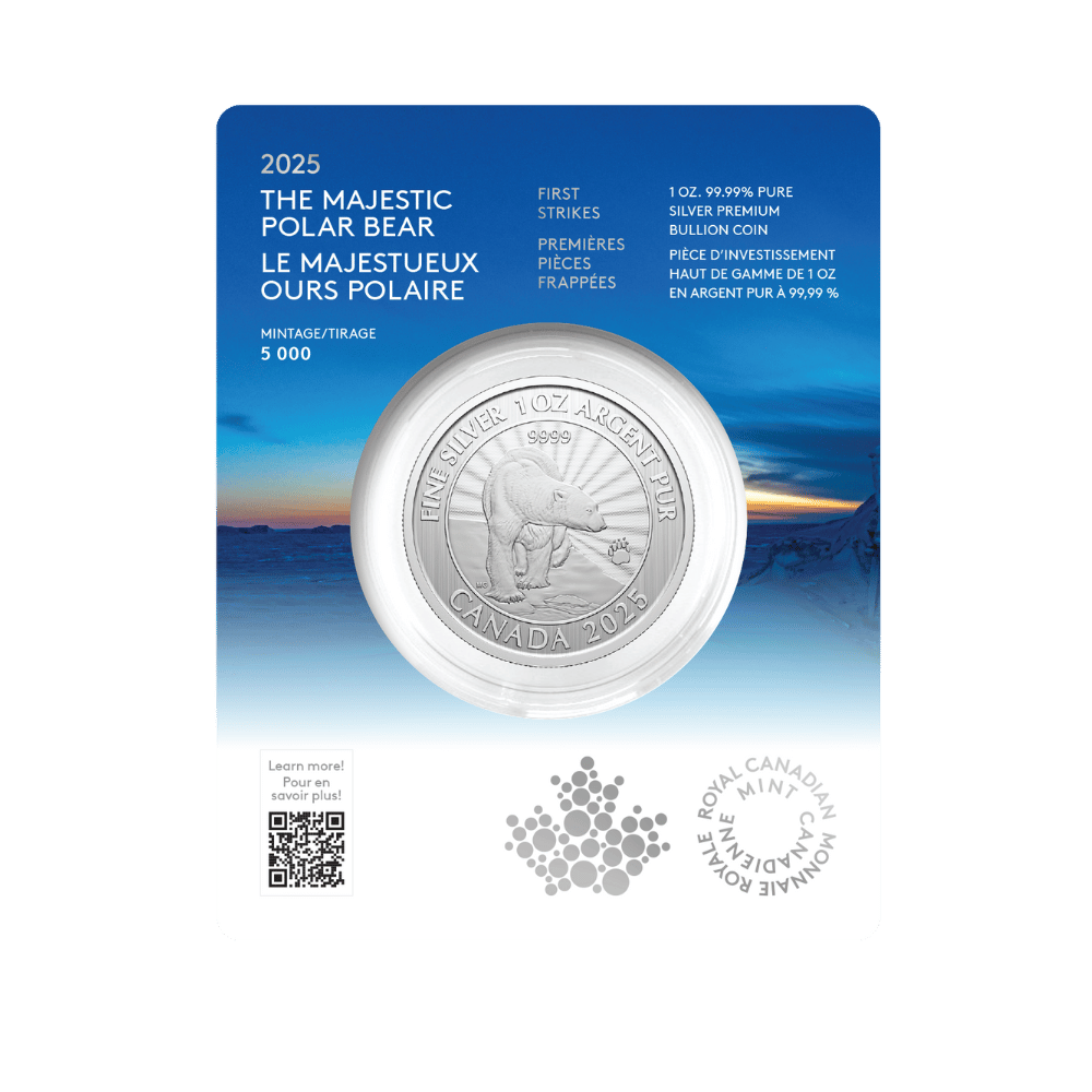 2025 The Majestic Polar Bear: First Strikes – 1 oz. 99.99% Pure Silver Coin (Premium Bullion) - Packaging front - Royal Canadian Mint