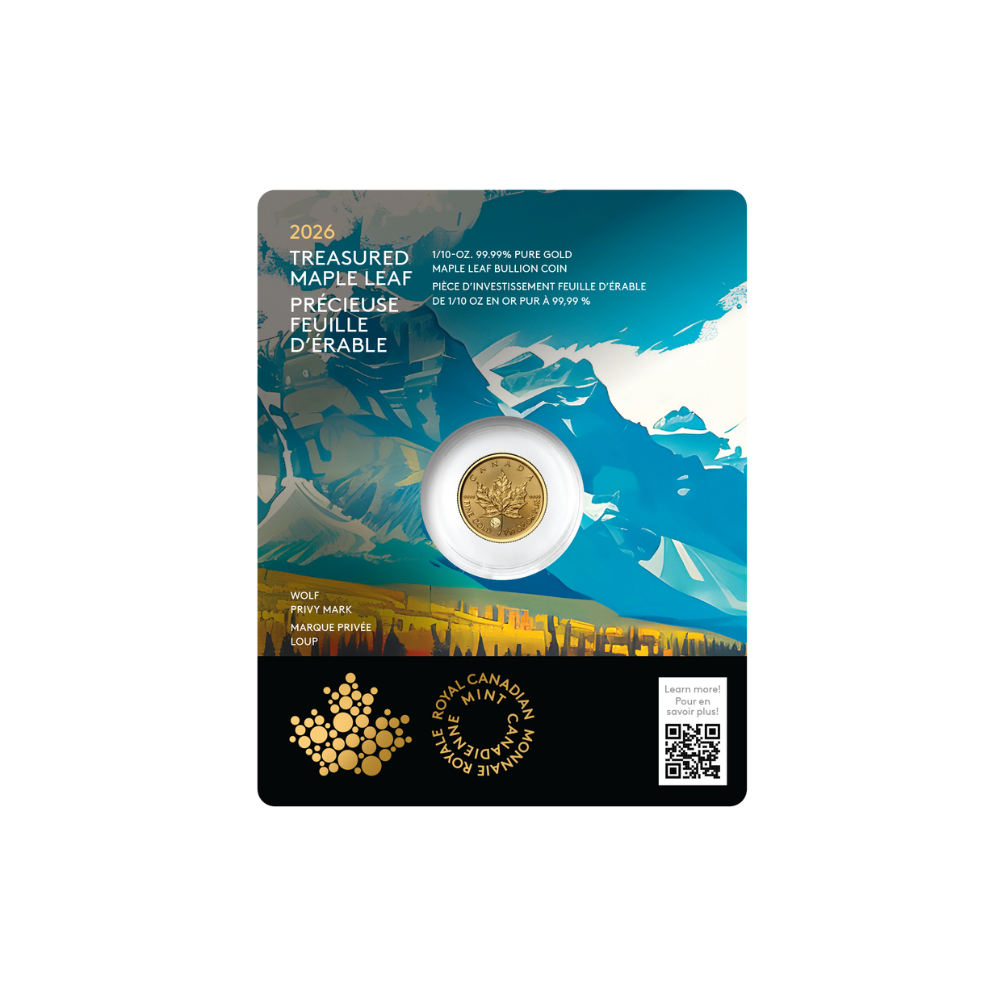 2026 Treasured Gold Maple Leaf: Wolf Privy Mark 1/10 Oz 99.99% Pure Gold Coin (Premium Bullion) Royal Canadian Mint