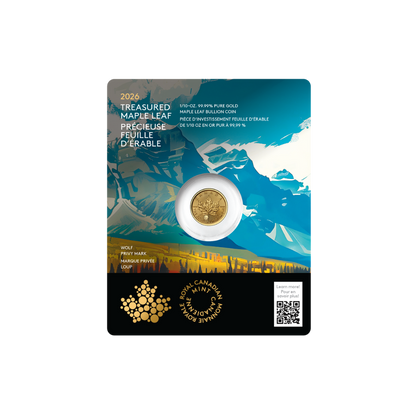 2026 Treasured Gold Maple Leaf: Wolf Privy Mark 1/10 Oz 99.99% Pure Gold Coin (Premium Bullion) Royal Canadian Mint