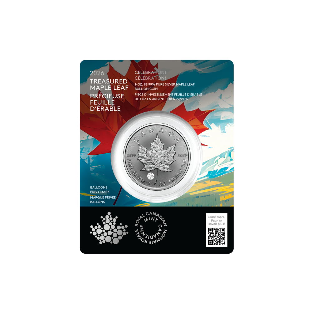 2026 Treasured Silver Maple Leaf: Celebration Privy Mark 1 Oz 99.99% Pure Silver Coin (Premium Bullion) Royal Canadian Mint
