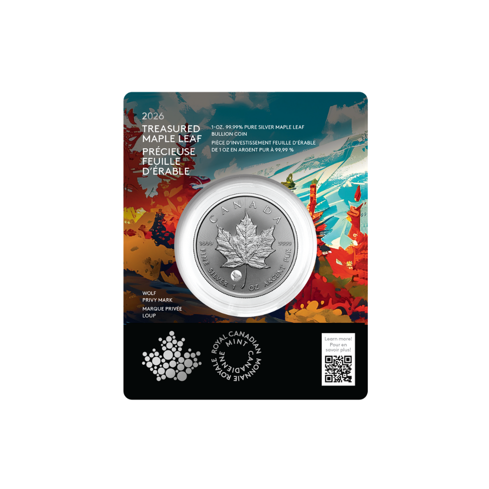 2026 Treasured Silver Maple Leaf: Wolf Privy Mark 1 Oz 99.99% Pure Silver Coin (Premium Bullion) Royal Canadian Mint