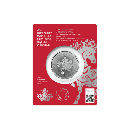 2026 Treasured Silver Maple Leaf: Year of the Horse Privy Mark 1 Oz 99.99% Pure Silver Coin (Premium Bullion) Royal Canadian Mint