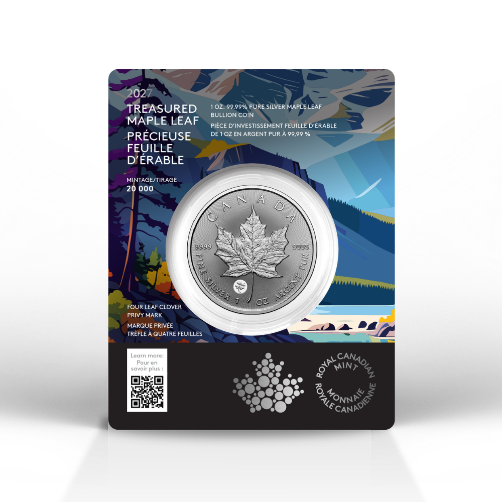 2027 Treasured Silver Maple Leaf: Four-Leaf Clover Privy Mark 1 Oz 99.99% Pure Silver Coin (Premium Bullion)