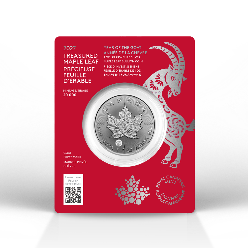 2027 Treasured Silver Maple Leaf: Year of the Goat Privy Mark 1 Oz 99.99% Pure Silver Coin (Premium Bullion) Royal Canadian Mint