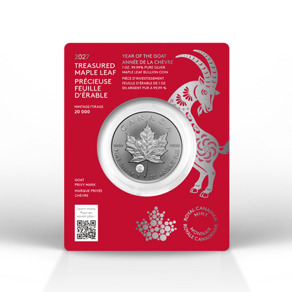 2027 Treasured Silver Maple Leaf: Year of the Goat Privy Mark 1 Oz 99.99% Pure Silver Coin (Premium Bullion) Royal Canadian Mint
