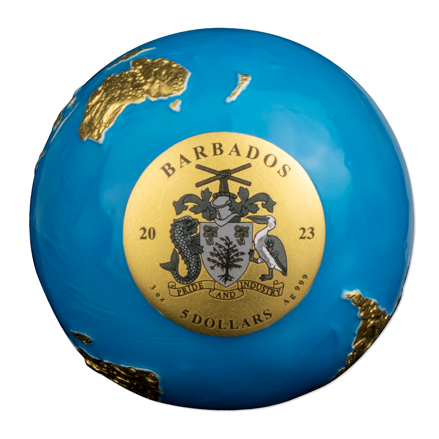 BLUE MARBLE Glow in the Dark Gold Plating 3 Oz Silver Coin $5 Barbados 2023