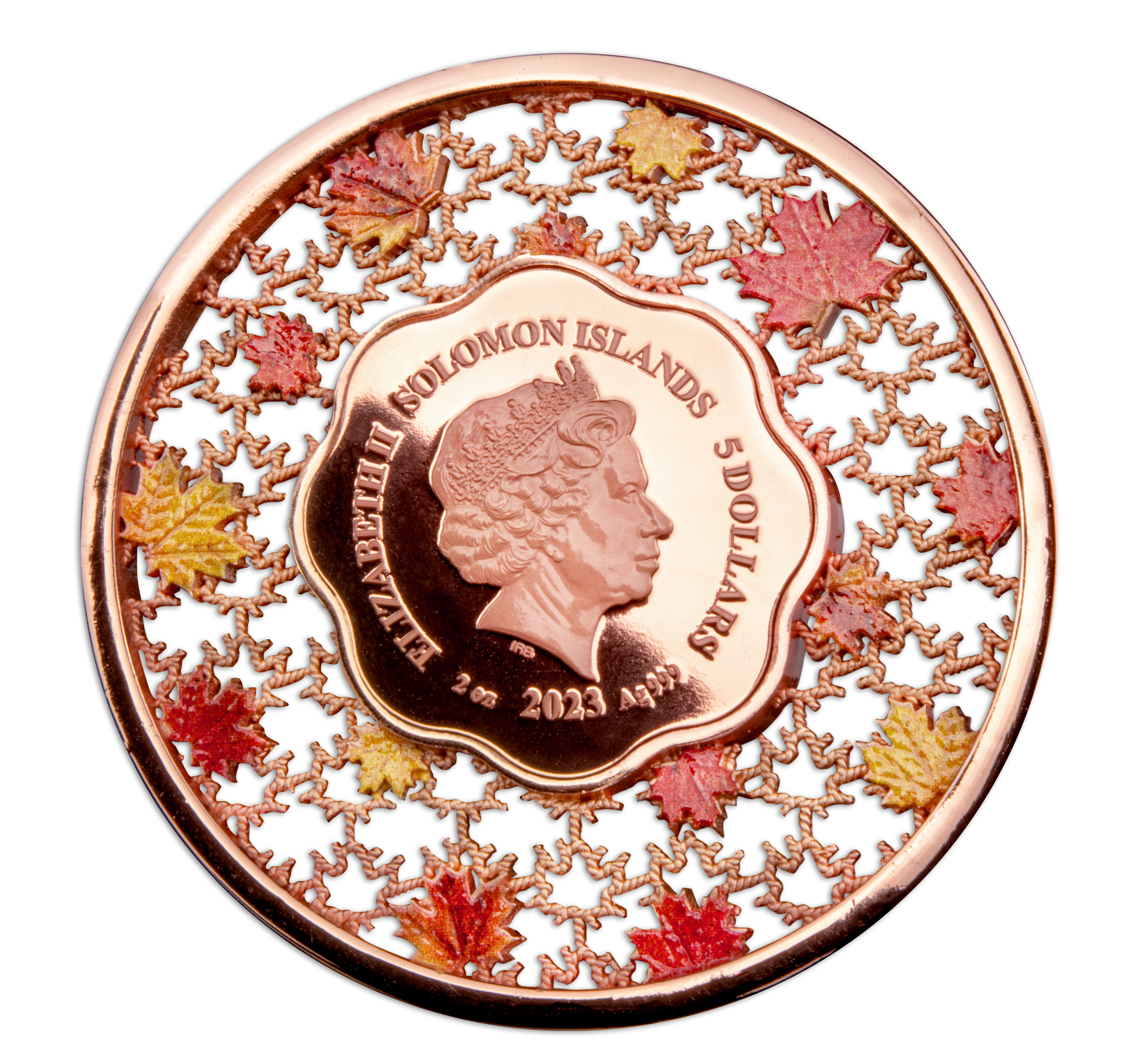 FILIGREE MAPLE LEAF 2 Oz Silver Coin $5 Solomon Islands 2023