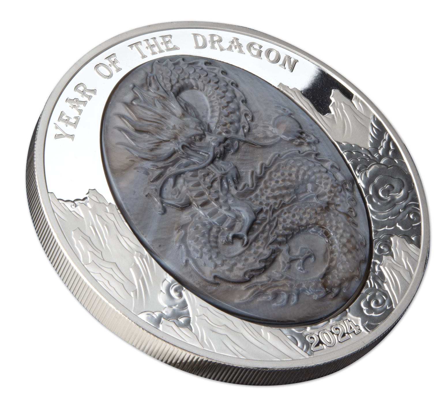 DRAGON Mother of Pearl Lunar Year 5 Oz Silver Coin $25 Solomon Islands 2024
