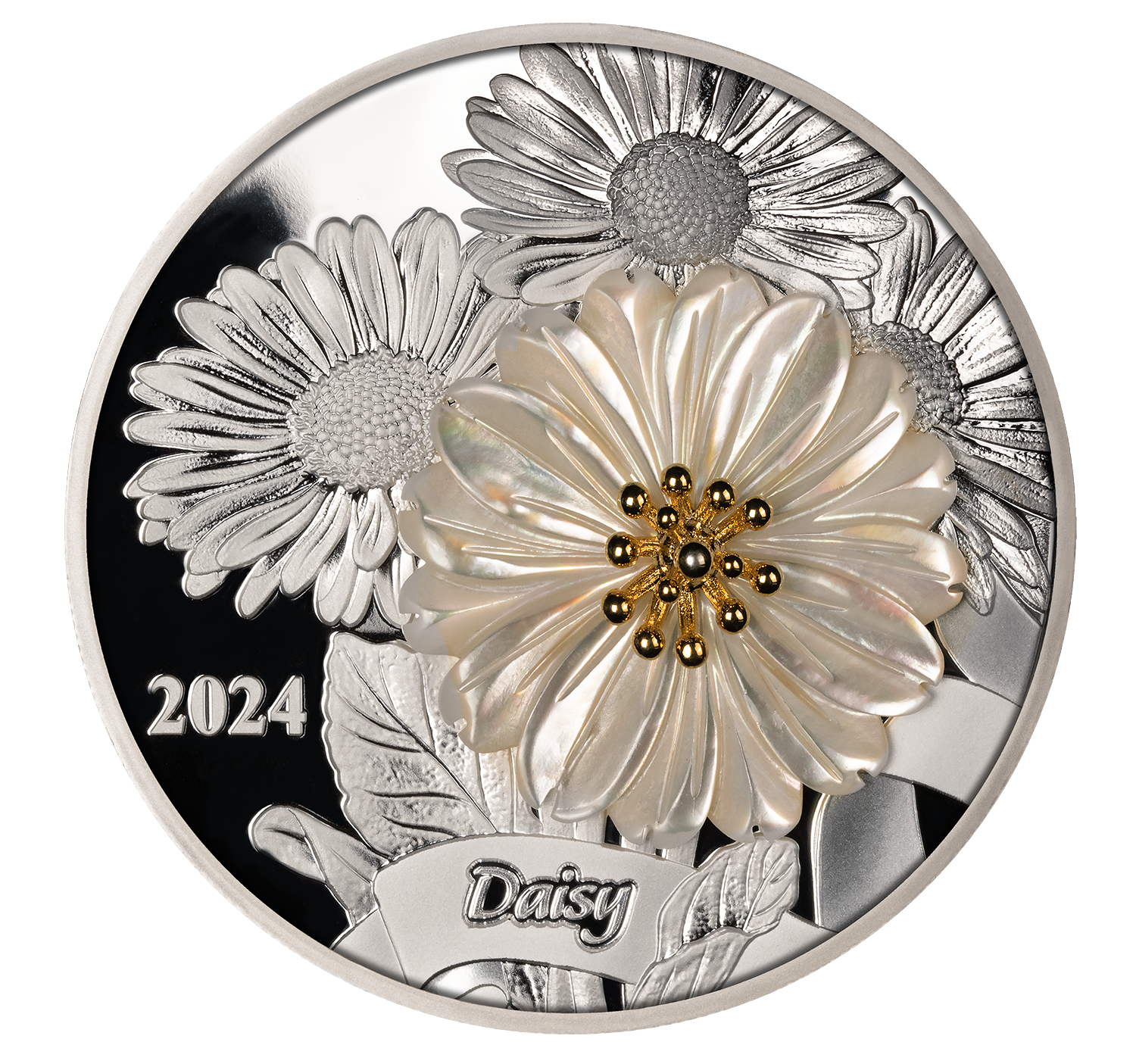 DAISY Flower 3D Mother of Pearl 2 Oz Silver Coin $5 Solomon Islands 2024