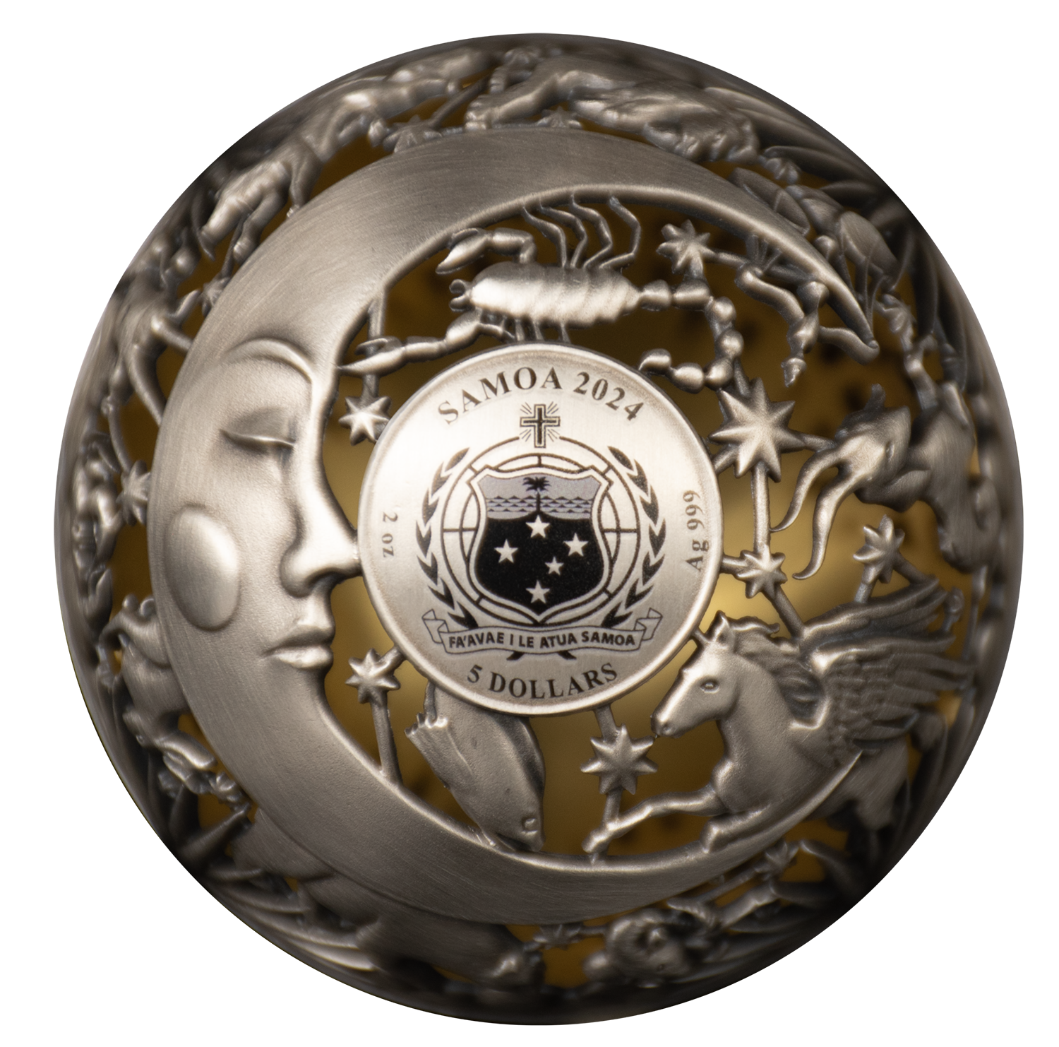 SUN AND MOON Filigree Spherical 2 Oz Silver Coin $5 Samoa 2024