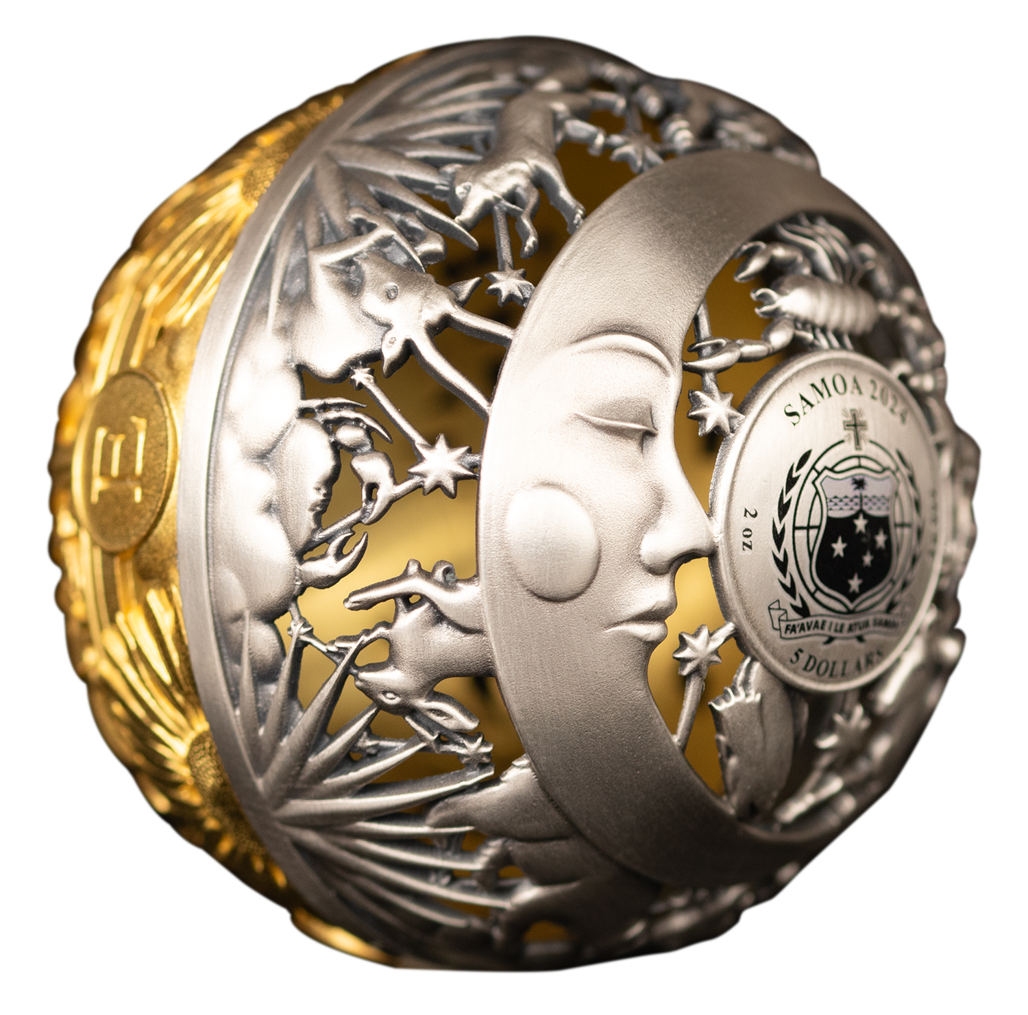 SUN AND MOON Filigree Spherical 2 Oz Silver Coin $5 Samoa 2024