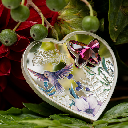 BUTTERFLY Brilliant Love Heart Silver Coin $5 Cook Islands 2023