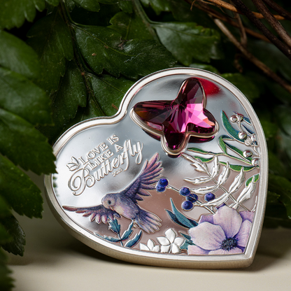 BUTTERFLY Brilliant Love Heart Silver Coin $5 Cook Islands 2023