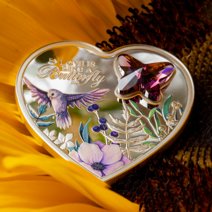 BUTTERFLY Brilliant Love Heart Silver Coin $5 Cook Islands 2023