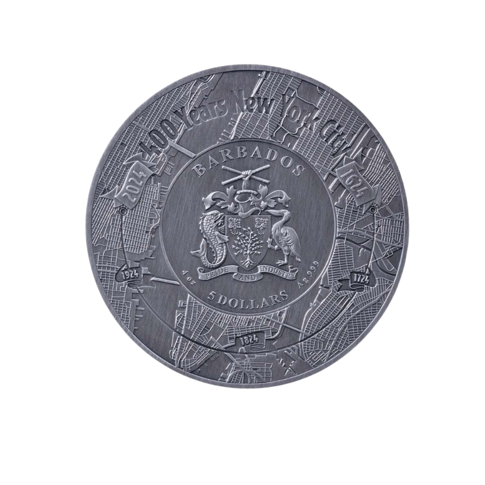 400 YEARS NEW YORK CITY 4 Oz Silver Coin $5 Barbados 2024