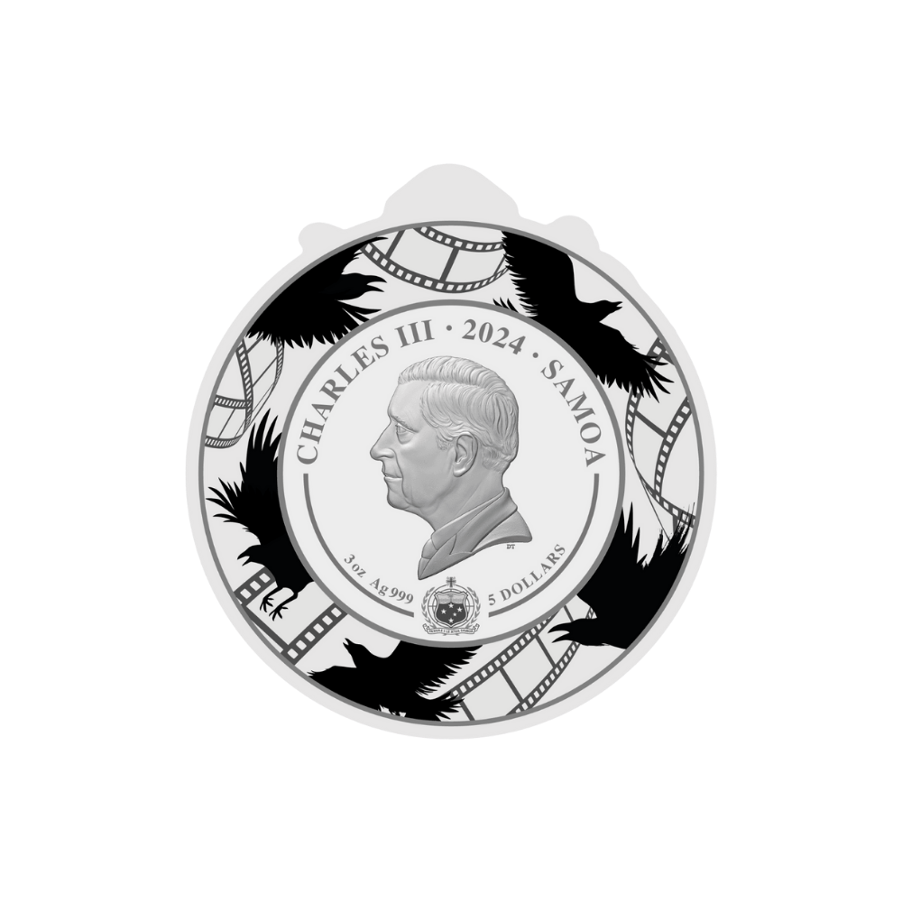 ALFRED HITCHCOCK 125th Anniversary 3 Oz Silver Coin $5 Samoa 2024