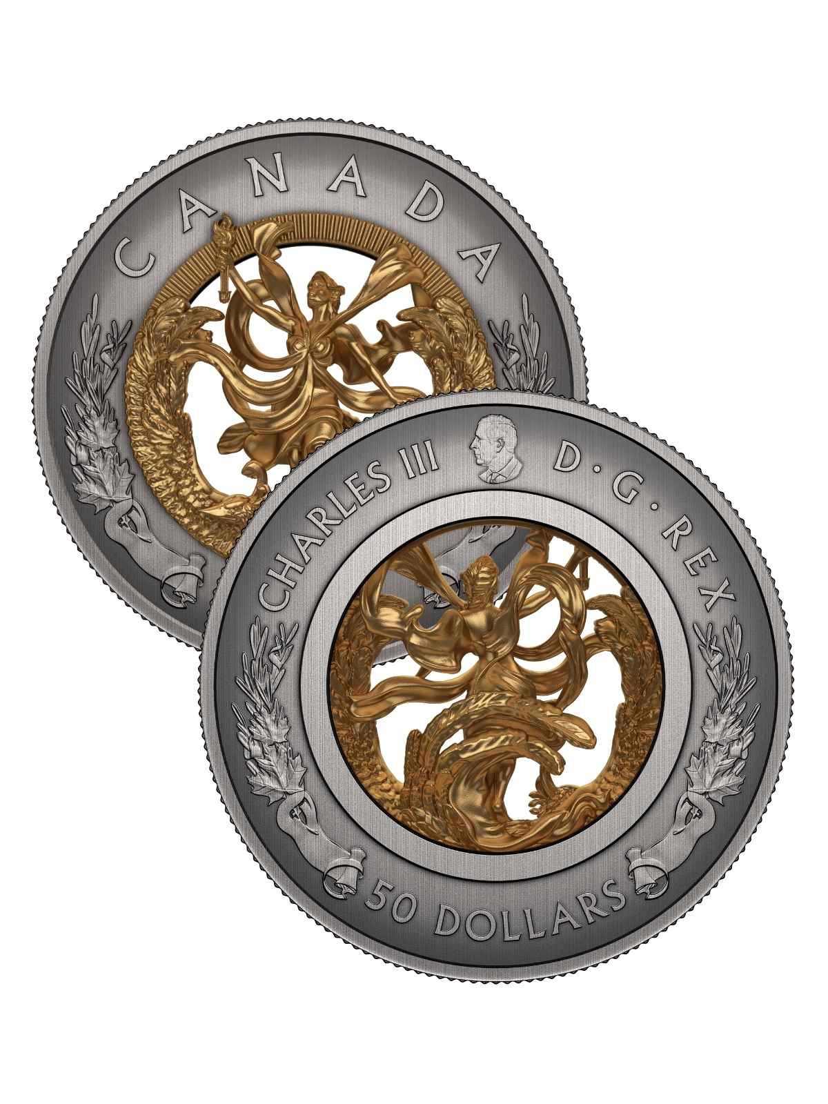 Allegory of Freedom 5 oz pure silver coin from Canada, 2024, featuring intricate designs symbolizing freedom with detailed engravings.