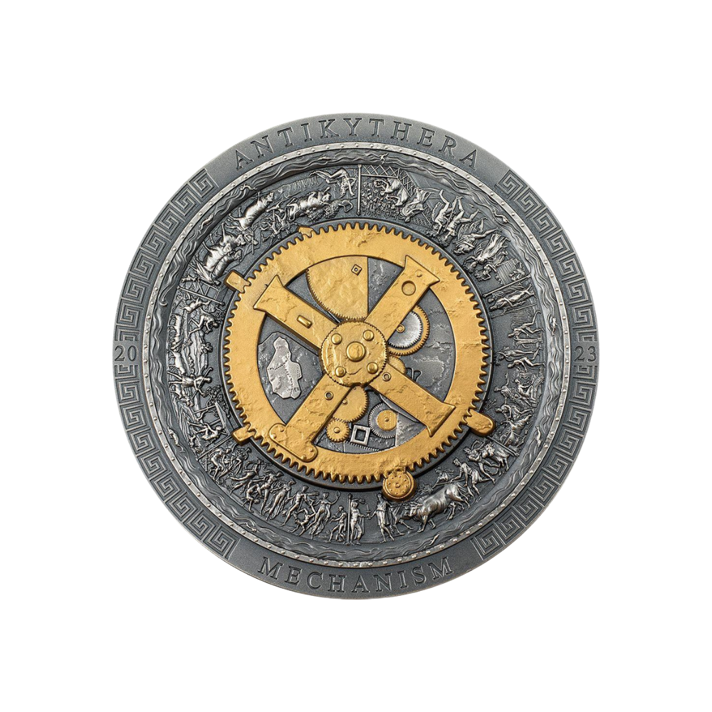 ANTIKYTHERA MECHANISM Archeology Symbolism Antiqued Gilded 3 Oz Silver Coin $20 Cook Islands 2023