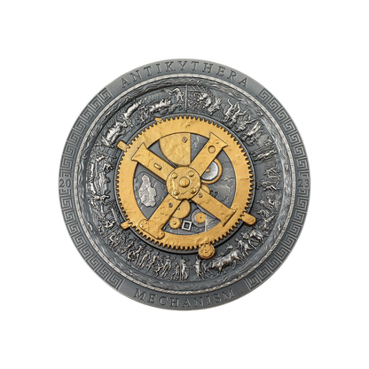 ANTIKYTHERA MECHANISM Archeology Symbolism Antiqued Gilded 3 Oz Silver Coin $20 Cook Islands 2023
