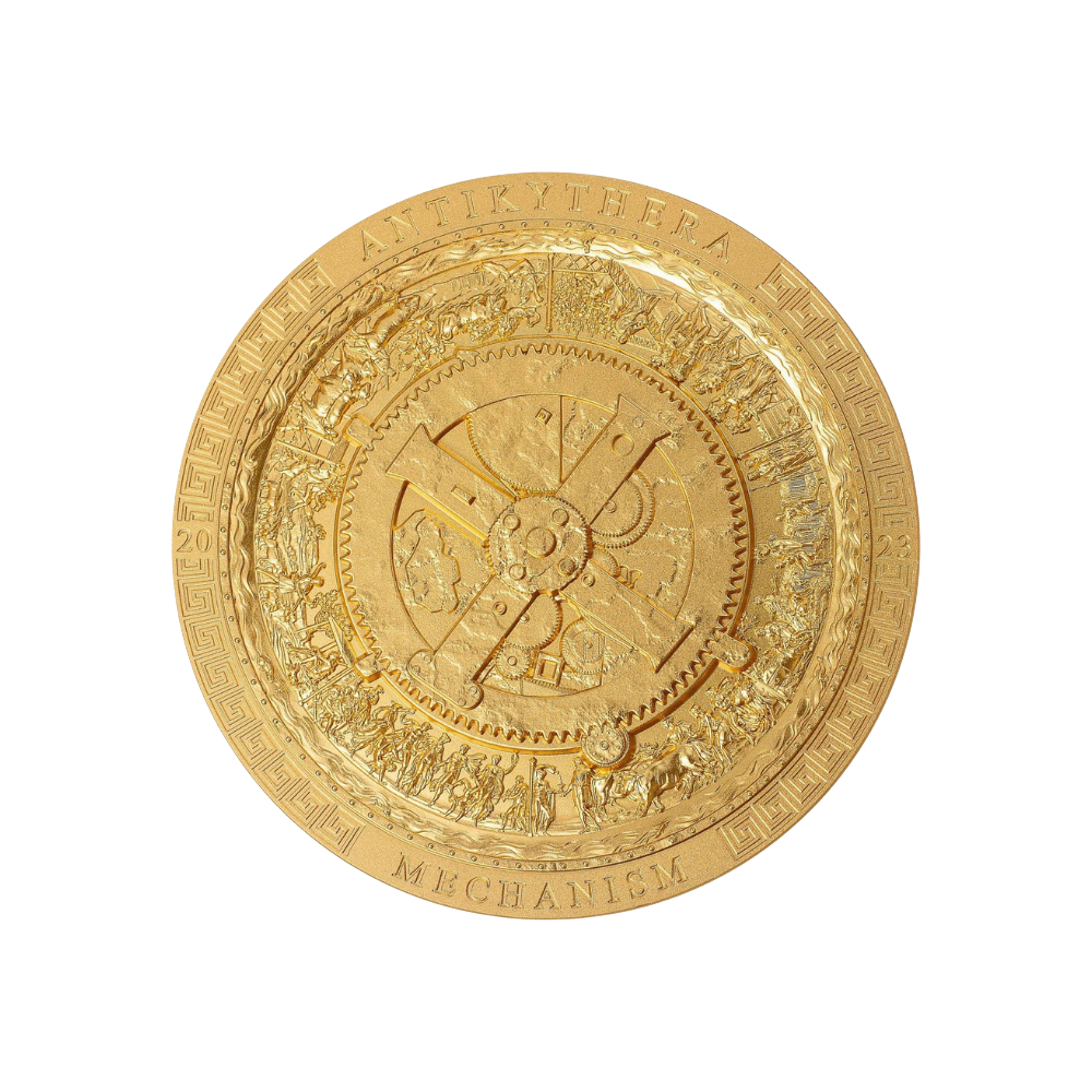 ANTIKYTHERA MECHANISM Gilded Archeology Symbolism Antiqued 3 Oz Silver Coin $20 Cook Islands 2023