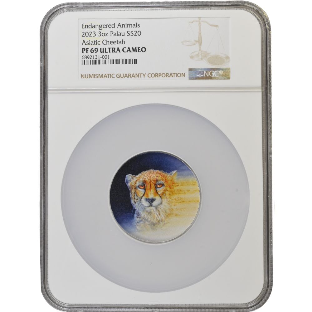 Endangered Animals ASIATIC CHEETAH  3 Oz Silver Coin $20 Palau 2023- NGC Graded PF 69 & PF 70 Ultra Cameo