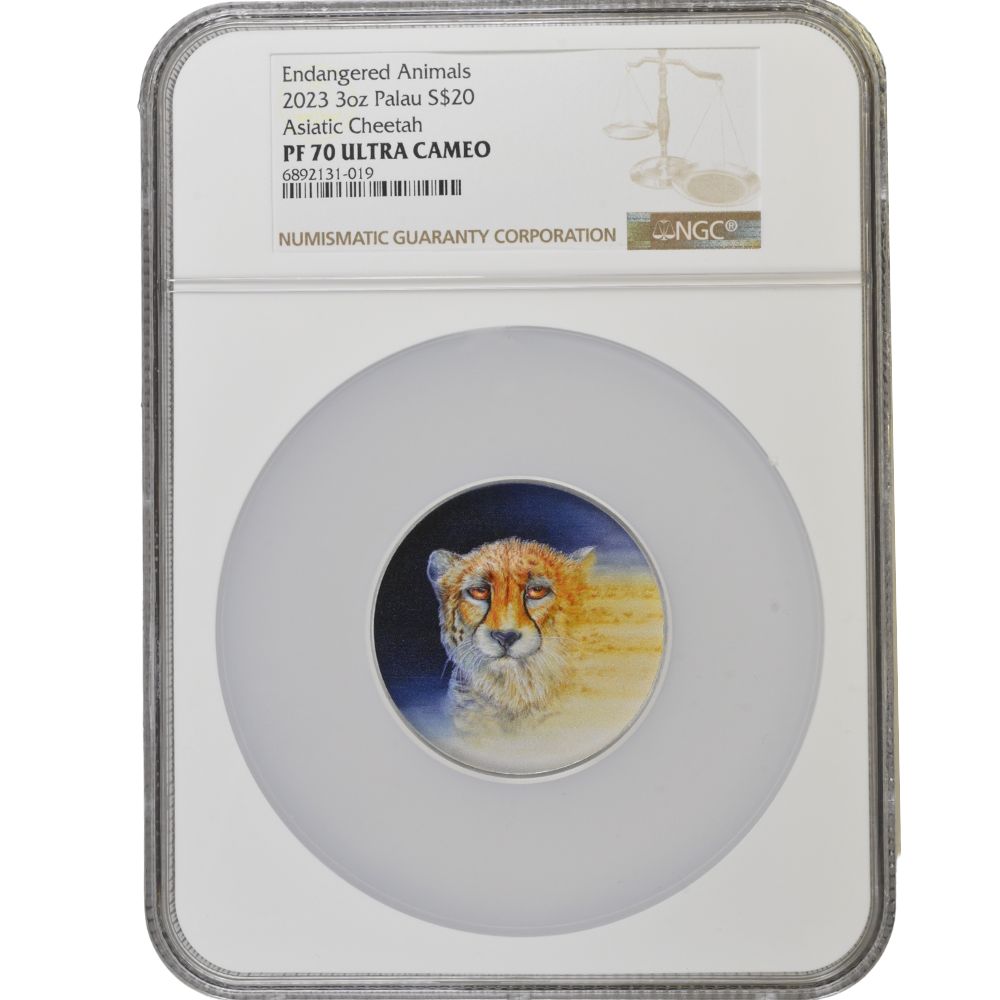 Endangered Animals ASIATIC CHEETAH  3 Oz Silver Coin $20 Palau 2023- NGC Graded PF 69 & PF 70 Ultra Cameo
