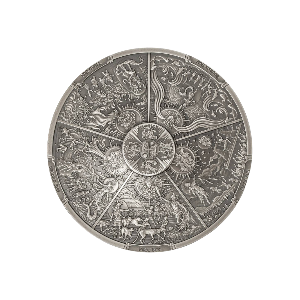 AZTEC FIVE SUNS Ages of Man Creation of World 3 Oz Silver Coin $20 Palau 2021