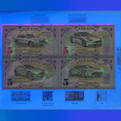 Aston Martin Auto Fantasy Note Limited Series Uncut Sheet of Four Notes blue light