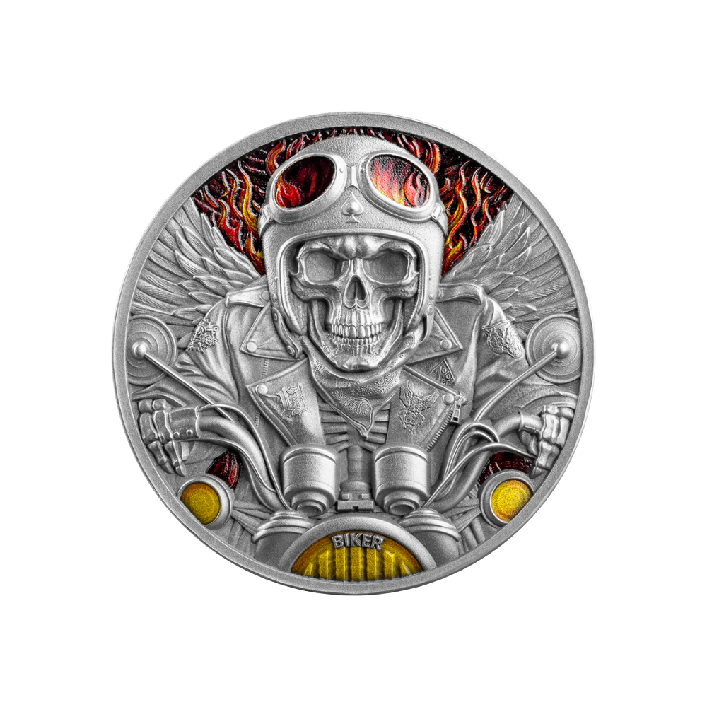 BIKER Memento Mori 1 Oz Silver Coin 5 Cedis Ghana 2024