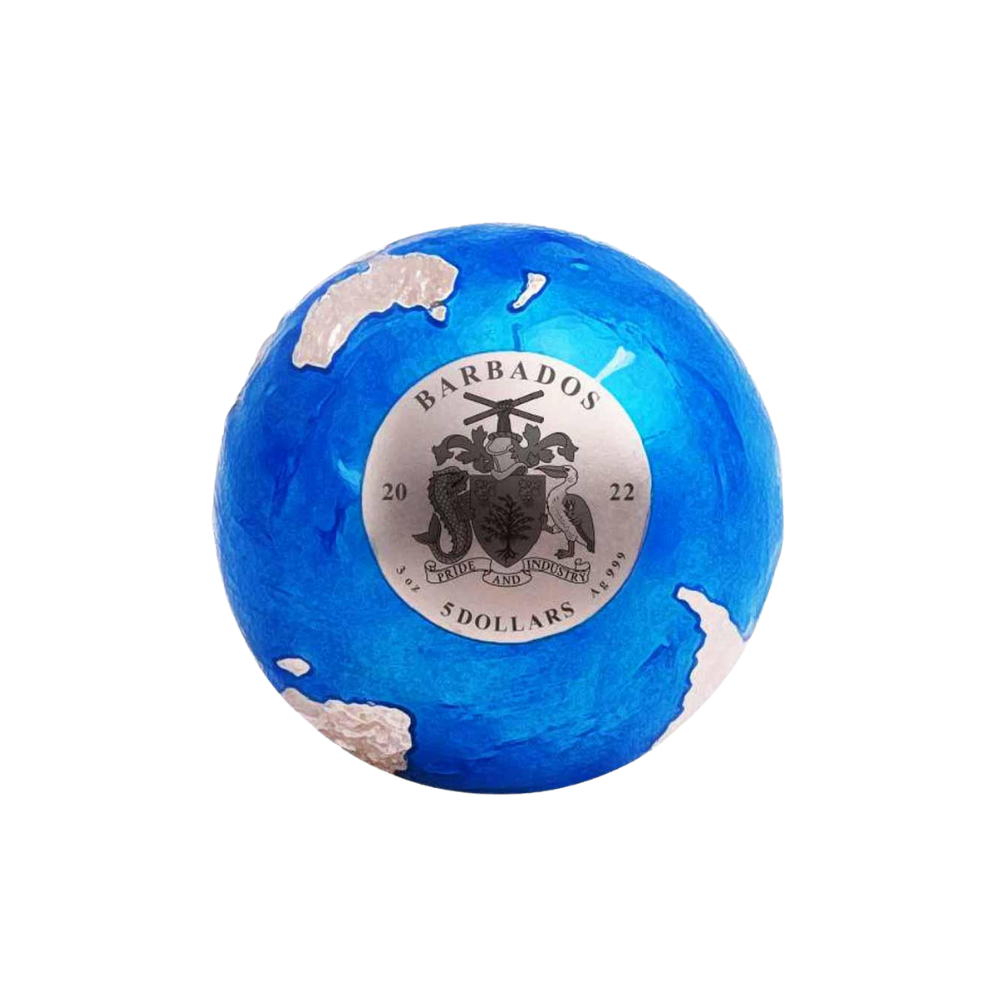 BLUE MARBLE ENDANGERED Meteorite From Space 3 Oz Silver Coin $5 Barbados 2022