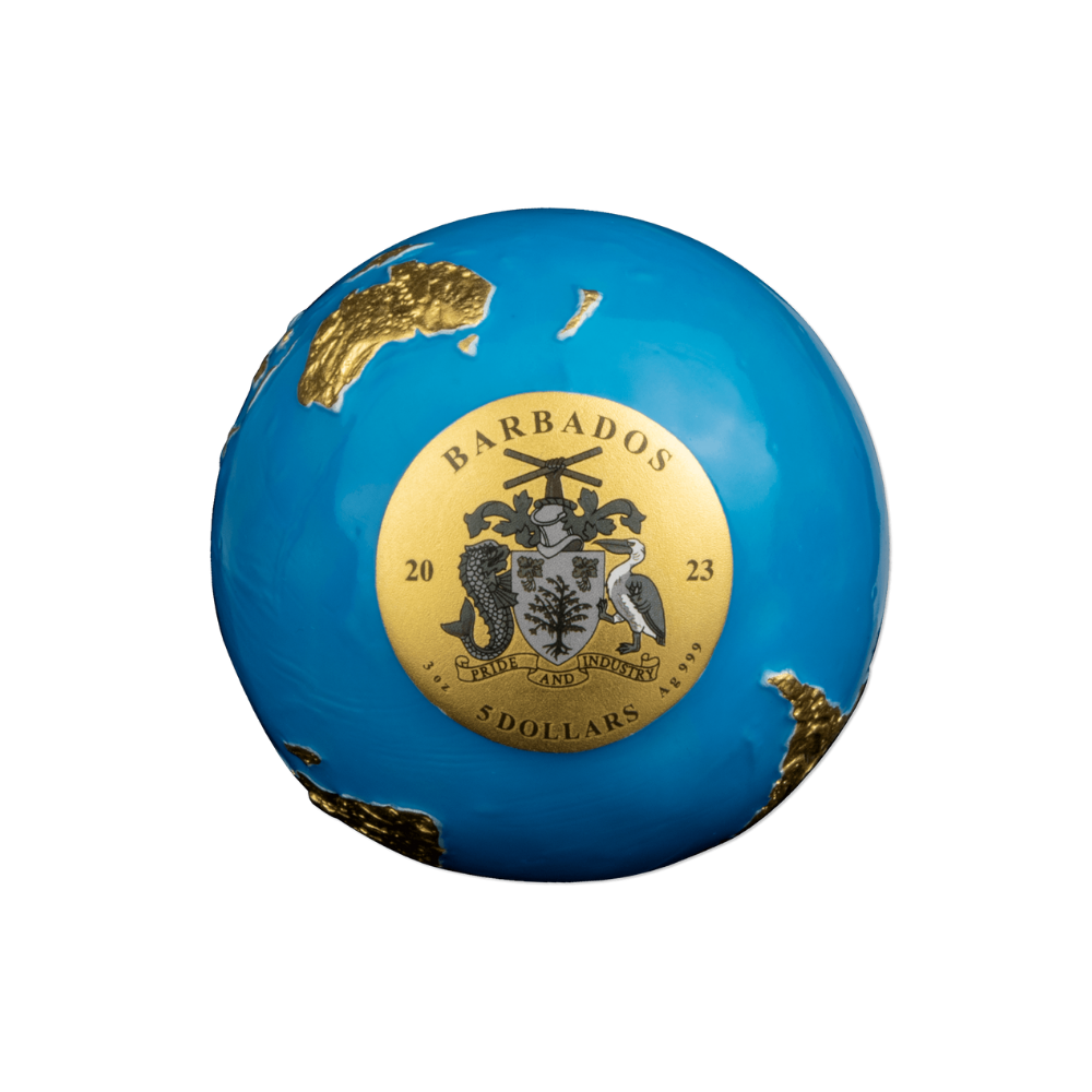 BLUE MARBLE Glow in the Dark Gold Plating 3 Oz Silver Coin $5 Barbados 2023