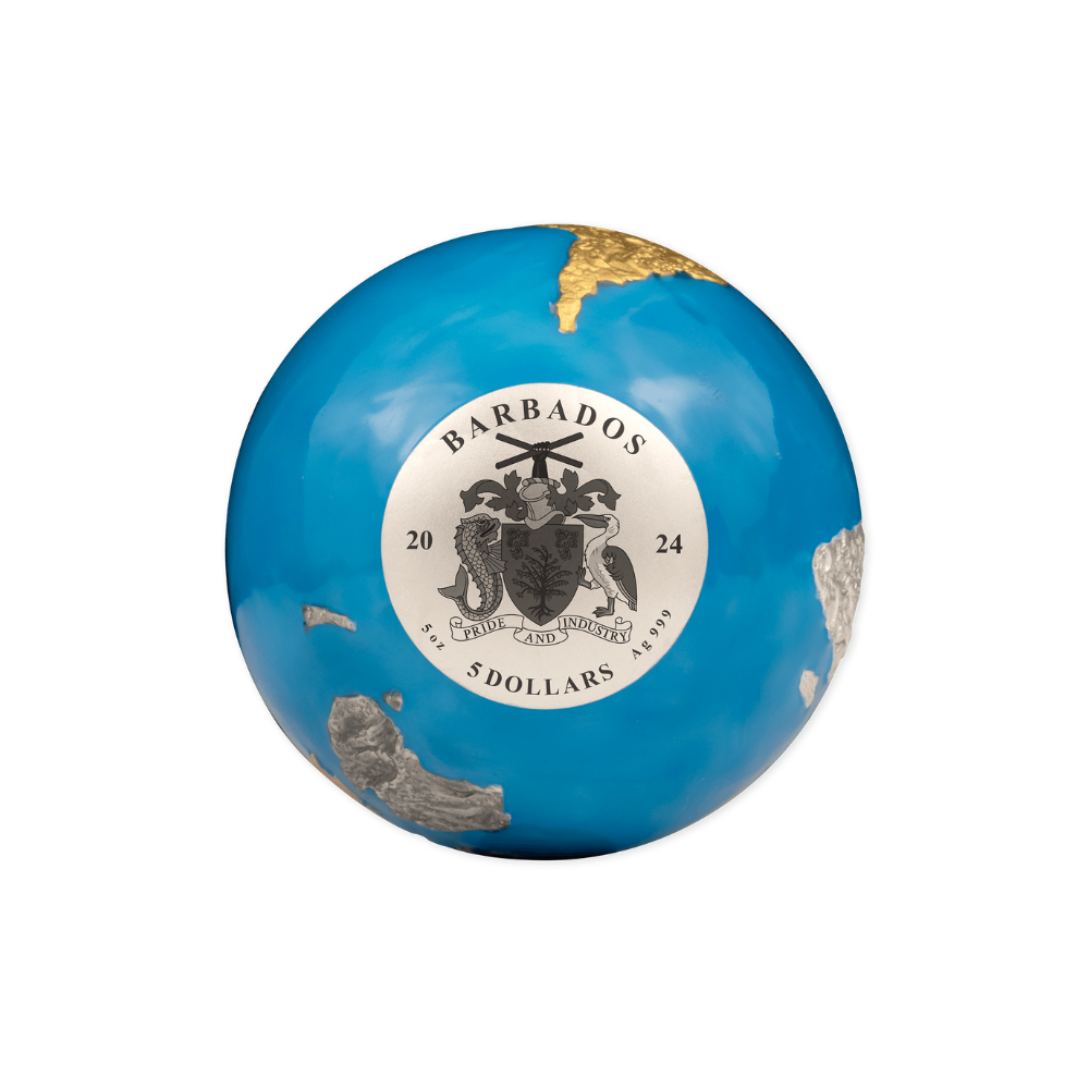 BLUE MARBLE Glow in the Dark Planet Earth 5 Oz Silver Coin $5 Barbados 2024
