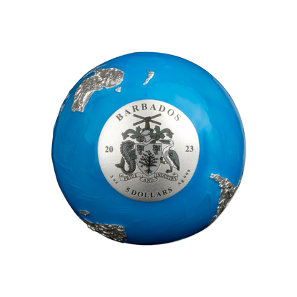 BLUE MARBLE Glow in the Dark Spherical 3 Oz Silver Coin $5 Barbados 2023
