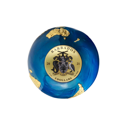 BLUE MARBLE Gold Plating Planet Earth Spherical 3 Oz Silver Coin $5 Barbados 2021