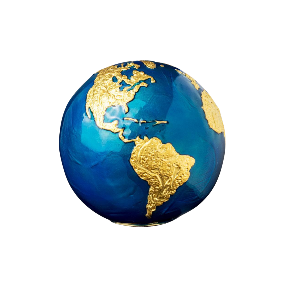BLUE MARBLE Gold Plating Planet Earth Spherical 3 Oz Silver Coin $5 Barbados 2021