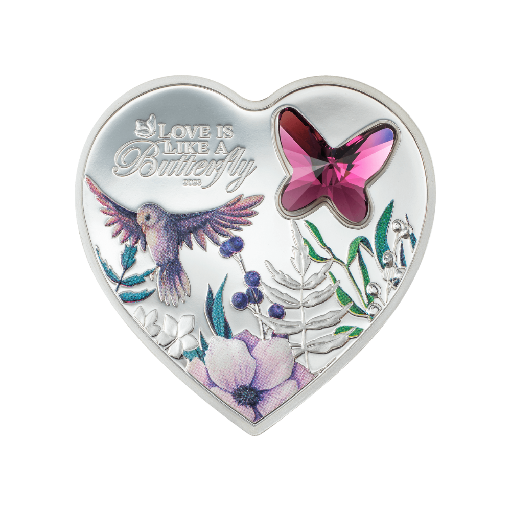 BUTTERFLY Brilliant Love Heart Silver Coin $5 Cook Islands 2023