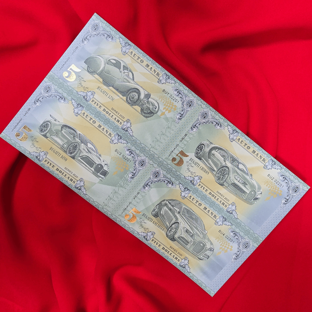Bugatti Auto Fantasy Note Limited Series Uncut Sheet of Four Notes