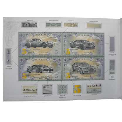 Bugatti Auto Fantasy Note Limited Series Uncut Sheet of Four Notes
