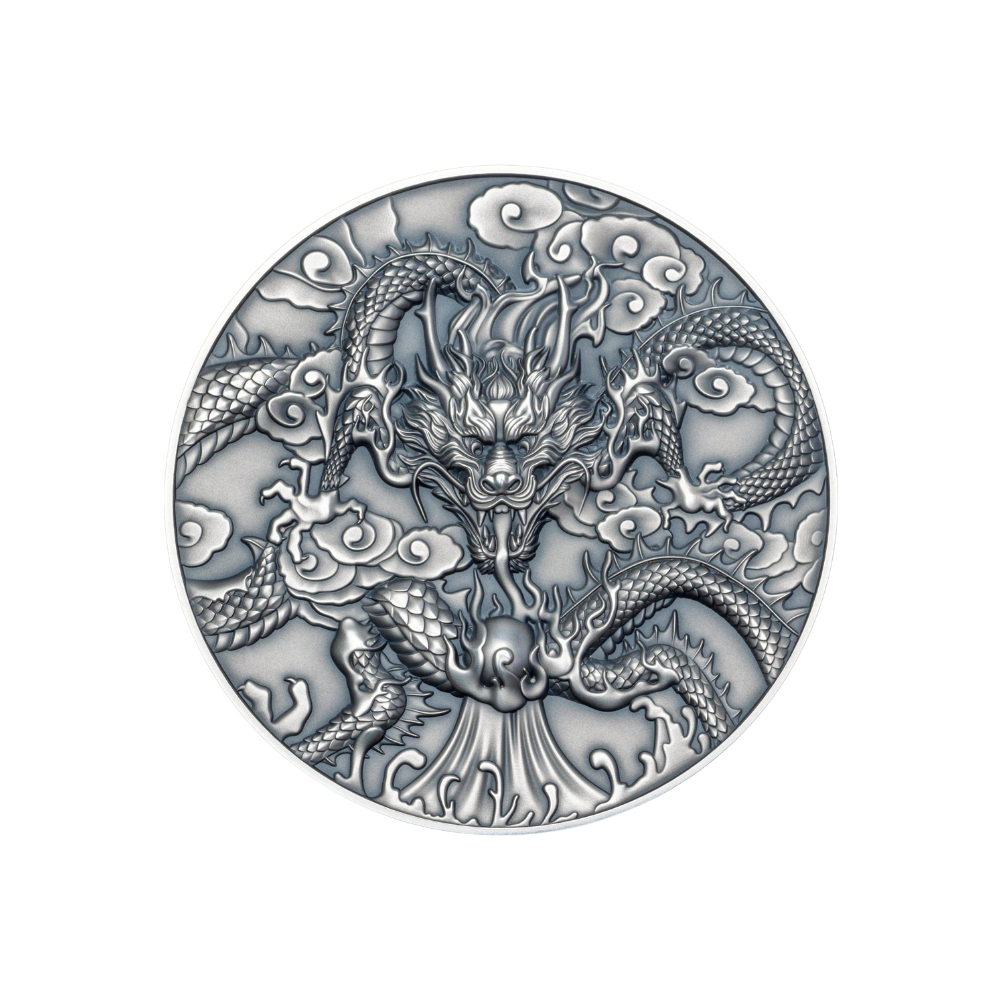 CHINESE DRAGON ART Antiqued 5 Oz Silver Coin $10 Niue 2024