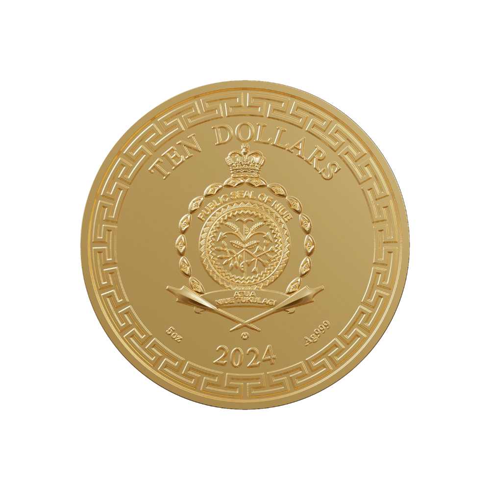 CHINESE DRAGON ART Gold Plated 5 Oz Silver Coin $10 Niue 2024